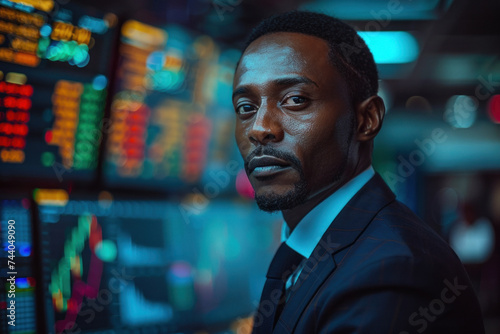 African man trader in suit on the background of huge monitors with charts. © sofiko14
