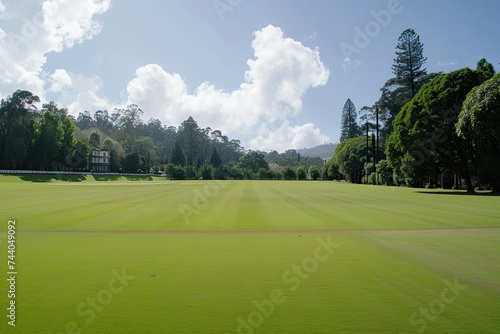 Panoramic view of a large, well-maintained cricket field.