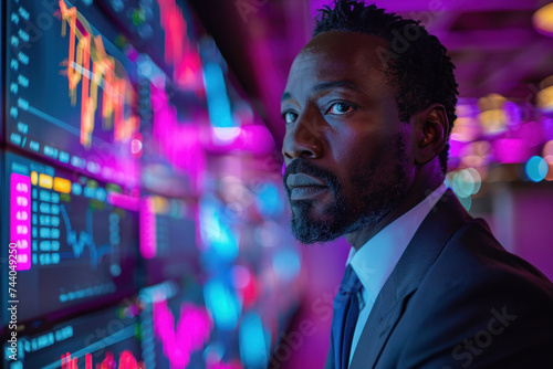 African man trader in suit on the background of huge monitors with charts.