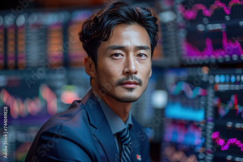 Asian man trader in suit on the background of huge monitors with charts.