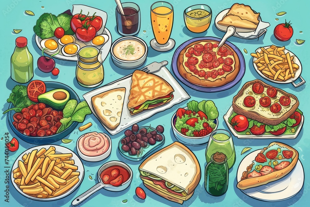 Playful cartoon of meals representing different dietary styles: vegetarian, vegan, Mediterranean, and more.