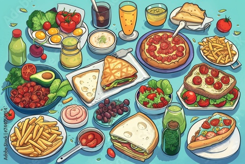 Playful cartoon of meals representing different dietary styles  vegetarian  vegan  Mediterranean  and more.
