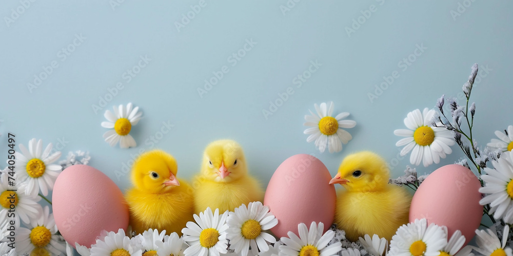 three yellow Chicks with eggs, white daisies on blue background a charming, tranquil scene, perfect for Easter and serene spring visuals.