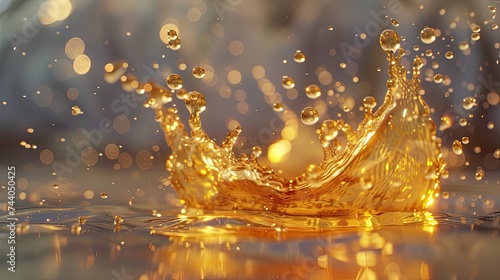 Radiant golden oil splash in motion capturing every droplet.
