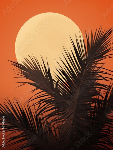 A sun setting behind a tall palm tree  casting a warm glow across the sky and tree silhouette.