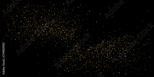 Gold dust. Confetti with gold glitter on a black background. Shiny scattered sand particles. Decorative elements. Luxury background for your design, cards, invitations. Vector