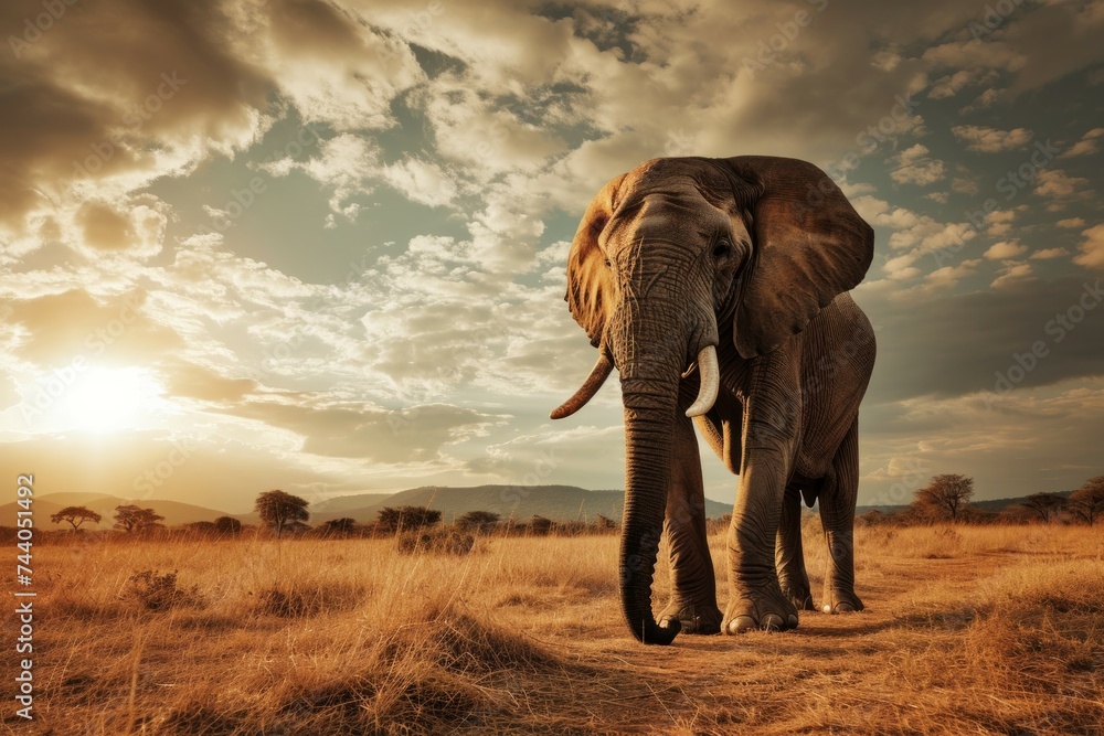 Obraz premium Descripción: Elefante africano al atardecer en sabana