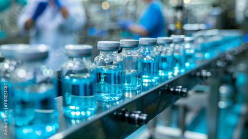 A sterile array of medical vials on a conveyor belt in blue hues.
