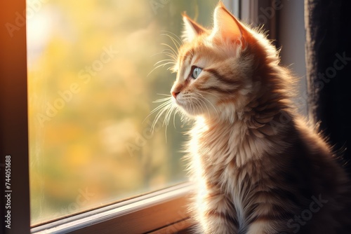 cute domestic kitten sits at window staring outside