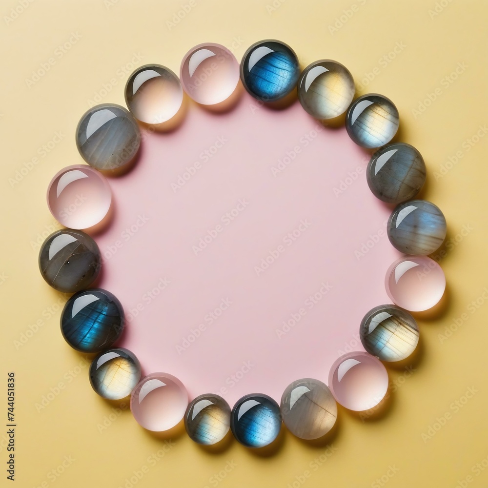 Obraz premium Stylish and Beautiful Blue and Pink Translucent Stone Circle Frame on Pastel Yellow Background