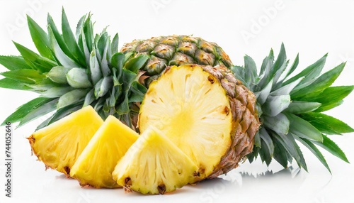 cut pineapple isolated whole pineapple with slice piece and leaves whole and cut pineapple on white full depth of field