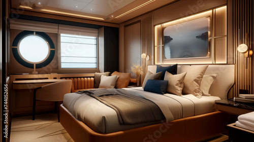 Modern first class cabin on a passenger cruise ship with queen-size bed