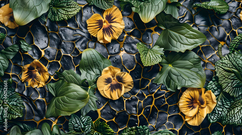 A Painting of Yellow Pansies and Green Leaves