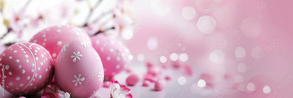 banner with Easter pink eggs with patterns on a light pink blurred background