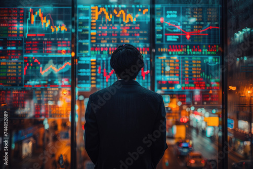Asian man trader in suit on the background of huge monitors with charts.
