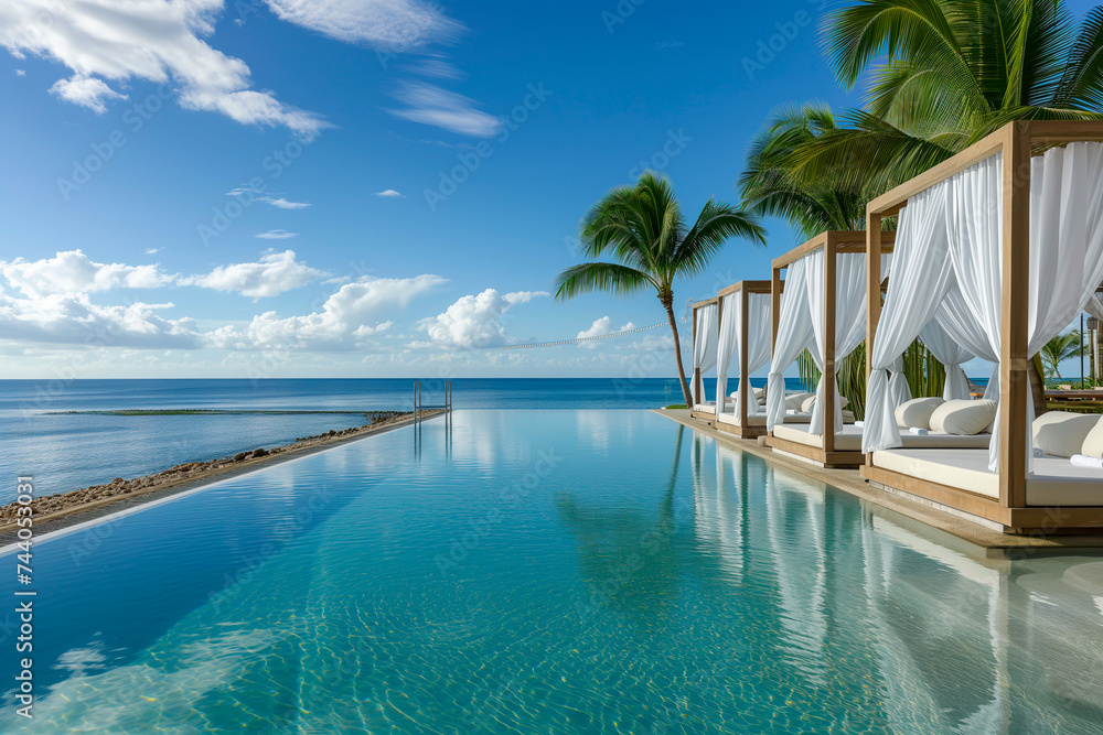 Poolside cabana outdoor seating, elegant beach pool in a luxury hotel