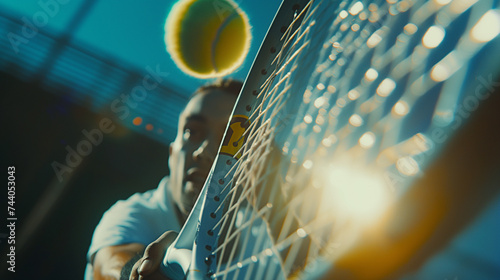 close up action of tennis player athlete hit tennis ball in game with racquet or tennis racket in court during game of tennis match competition in sport tennis stadium