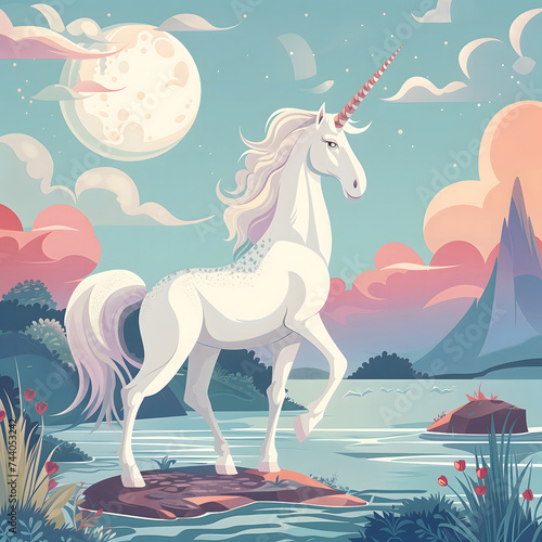 a unicorn is standing in the evening in the background of water  flat illustrations