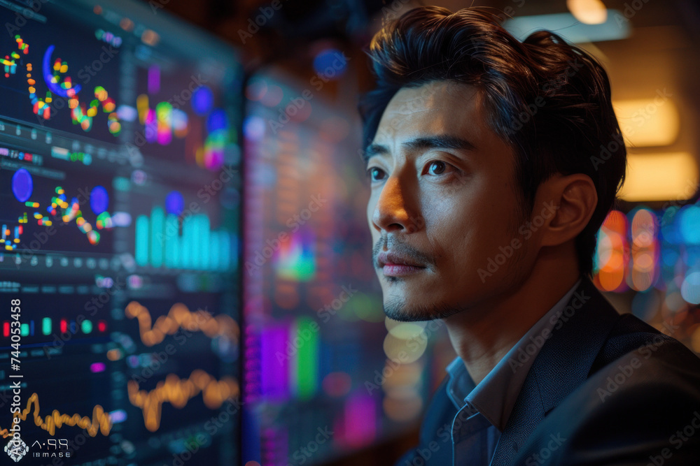 © sofiko14 - Asian man trader in suit on the background of huge monitors with charts. © sofiko14 - Asian man trader in suit on the background of huge monitors with charts.