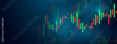 The investment chart of the stock market is a business candle or chart on a blue background. Bullish point, the trend of the chart. Investment trading schedule on the stock market. Vector EPS 10. photo