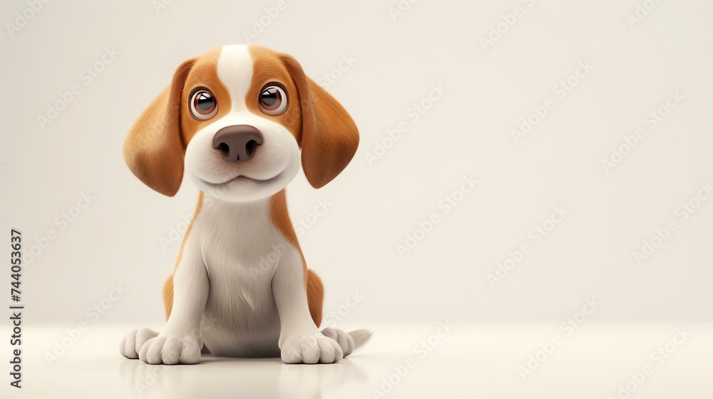 Cute 3D cartoon puppy looking up with big eyes. Isolated on white background.