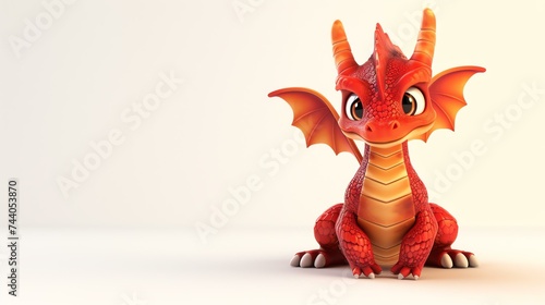 Cute and friendly red baby dragon sitting on a white background. The dragon has big eyes and a happy expression on its face.