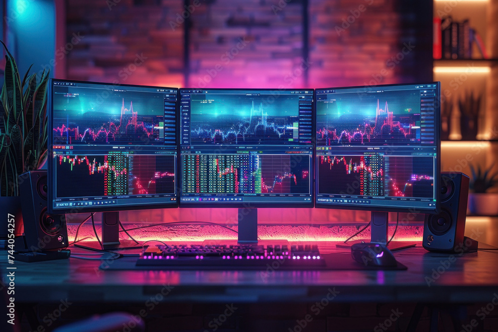 Night office of a company of traders with monitors with graphs and charts Night office of a company of traders with monitors with graphs and charts