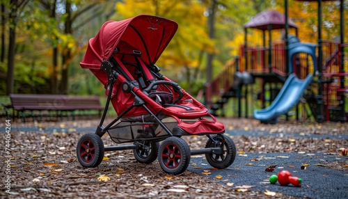 Empty children s stroller with toy in playground for sale on stock photo websites photo