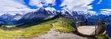 Swiss nature scenery. Scenic snowy Alps mountains Beauty in nature. Switzerland landscape. View of Mannlichen mountain and famous hiking route 