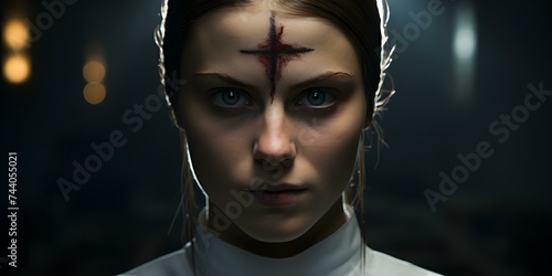 A possessed nun displays the mark of evil on her forehead. Concept Horror Photography, Evil Portrayals, Dark Characters photo