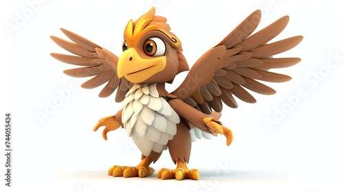 A cute and friendly cartoon falcon with big eyes and a warm smile. It has brown and white feathers and is standing on two feet.