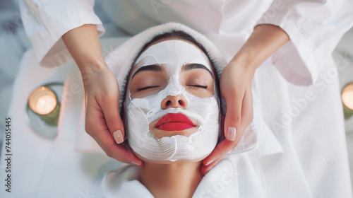 A serene woman enjoying a facial mask treatment at a spa, epitomizing relaxation and beauty care