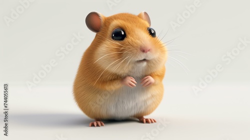 A cute and adorable baby hamster with big round eyes and fluffy fur. It is standing on its hind legs and looking up with a curious expression.