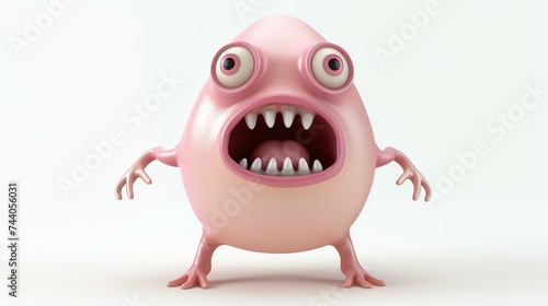 Cute and funny cartoon monster with big eyes and mouth. Pink and round  with sharp white teeth. Standing on two legs with arms outstretched.