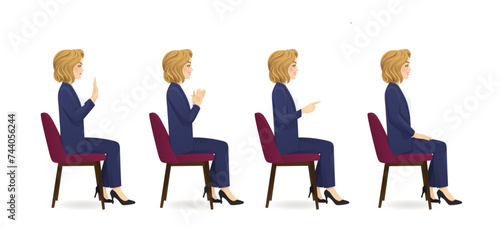 Elegant beautiful business woman sitting in the chair side view different gestures set isolated vector illustration