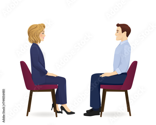 Business man and woman sitting in the chair side view isolated vector illustration