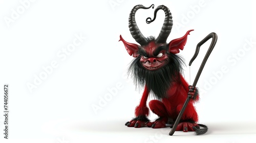 3D rendering of a red devil with black horns and beard holding a staff with a curved top.