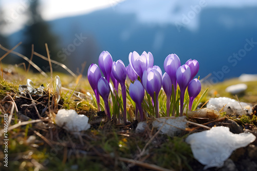 Vibrant flowers emerging from the snowy landscape in closeup macro photography