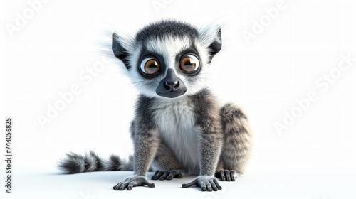 A cute and cuddly lemur sits on a white background. The lemur has big, round eyes and a long, bushy tail.