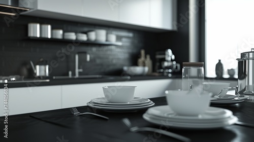 Ceramic tableware on the countertop  kitchen design in black and white.