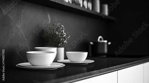 Ceramic tableware on the countertop; kitchen design in black and white.