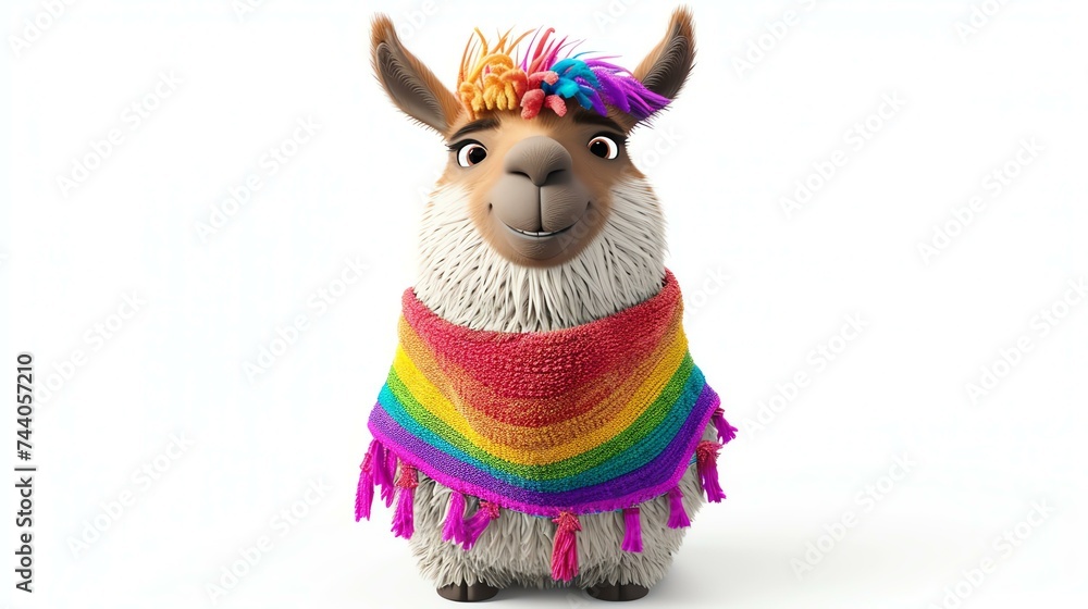 Cute cartoon llama. Fluffy and adorable. Wearing a colorful poncho with tassels. Isolated on white background. 3D rendering.