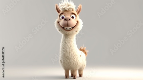 3D rendering of a cute llama with a happy expression on its face. The llama is standing on a white background and is looking at the viewer. © Nijat