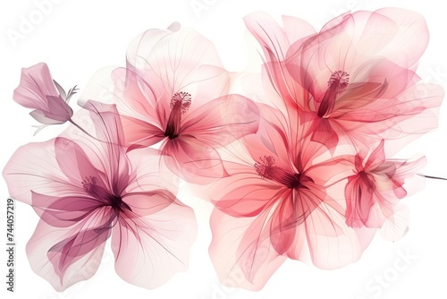 The flowers  in a soft and transparent visual style  float against a white background  emphasizing their ethereal presence. The petals are translucent  with varying shades of light pink.