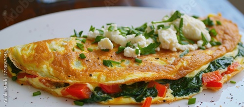 A delicious omelet made with sauteed spinach, creamy ricotta cheese, and roasted red pepper, served on a white plate.