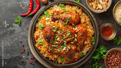 Top view of Chicken Mandy: Arab cuisine's national dish, chicken kabsa with rice mandi. photo