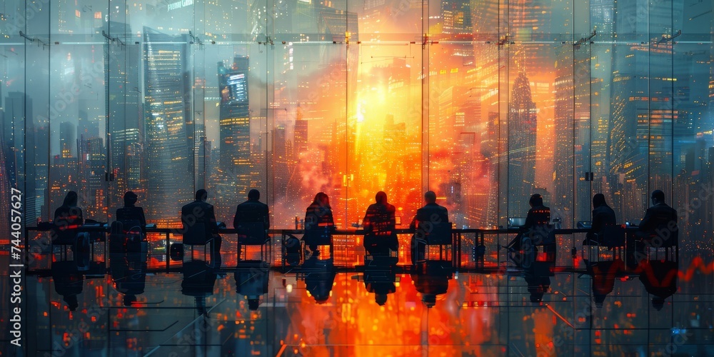 Fototapeta premium A diverse group of individuals gather in a room, surrounded by the majestic cityscape, admiring the reflection of the towering skyscrapers in the glistening art pieces as the warm light cascades thro