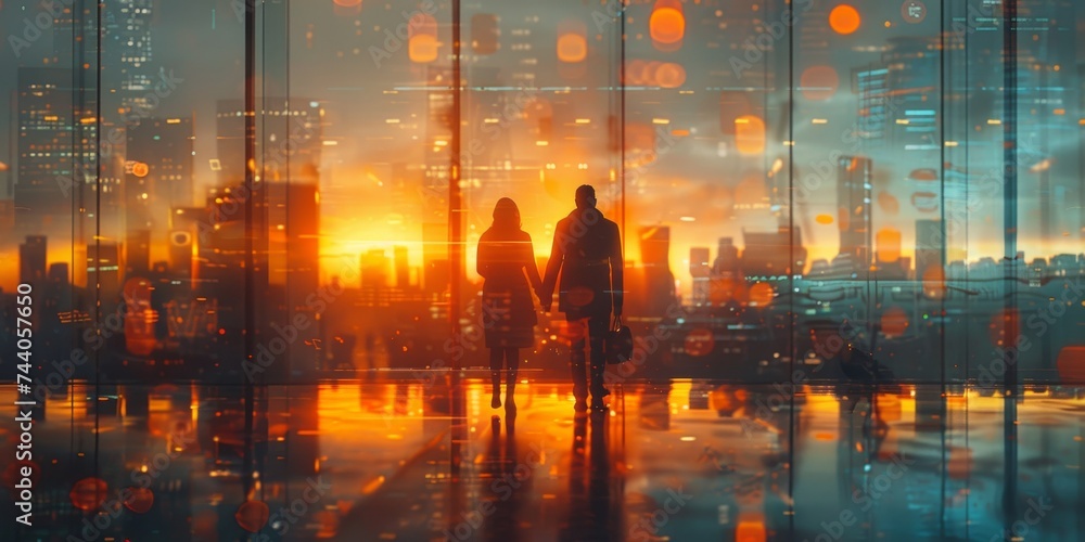As the sun sets over the city, a couple's reflection is cast upon the foggy water, surrounded by towering skyscrapers, symbolizing their unbreakable bond amidst the ever-changing urban landscape