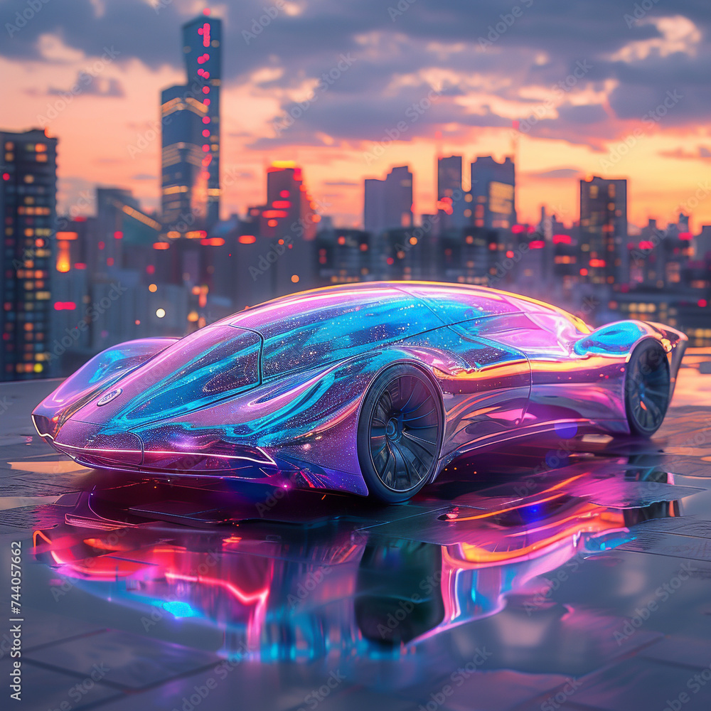 An aerodynamic self driving car with an iridescent finish reflecting the urban skyline as it navigates through the future metropolis