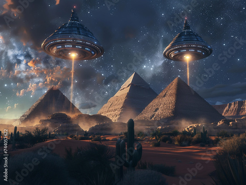 Aliens deploying advanced technology to erect towering pyramids under the starlit sky of ancient Earth